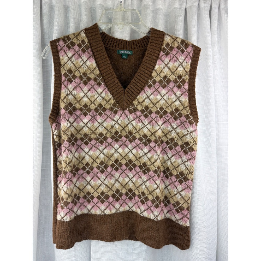 Wild Fable Brown Argyle V-Neck Sweater Vest Pink Cream Size Small Preppy Knit